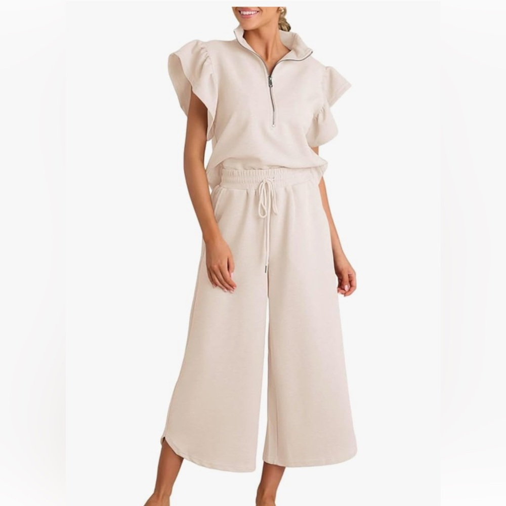 Beige Wide-Leg Pants Zip cap sleeve set